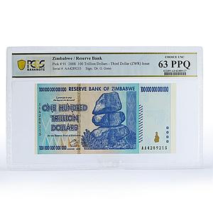ZIMBABWE 100 TRILLION DOLLARS BANKNOTE CURRENCY PPQ63 PCGS UNCIRCULATED 2008