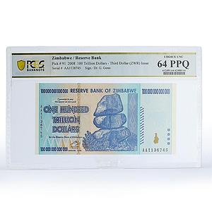 ZIMBABWE 100 TRILLION DOLLARS BANKNOTE CURRENCY PPQ64 PCGS UNCIRCULATED 2008