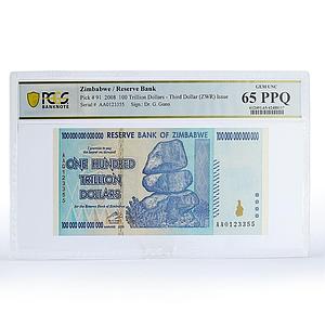 Zimbabwe 100 trillion dollars Banknote Currency PPQ65 PCGS Uncirculated 2008