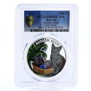 Rwanda 500 francs Cats Russian Blue Cat Plant PR69 PCGS colored silver coin 2011