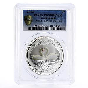 Cook Islands 2 dollars Love is Precious Swans PR70 PCGS silver coin 2008