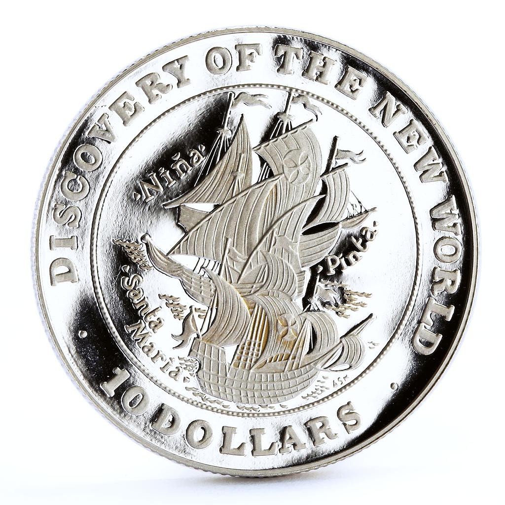 Bahamas 10 dollars Nina Santa Pinta Maria Ships Clippers proof silver coin 1992