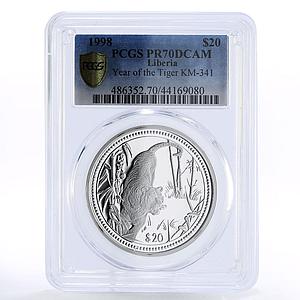 Liberia 20 dollars Lunar Calendar Year of Tiger PR70 PCGS silver coin 1998